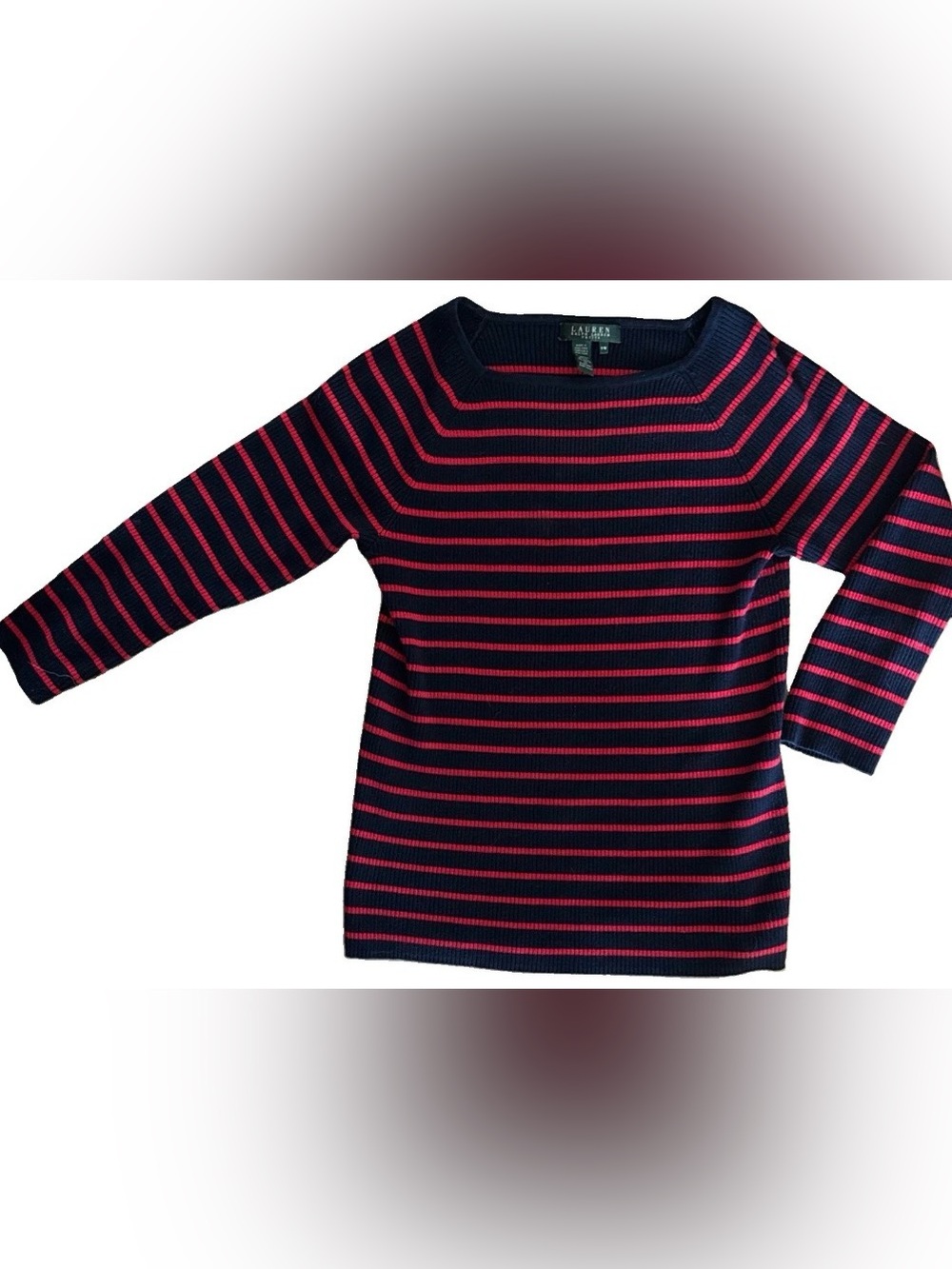 Lauren Ralph Lauren Navy and Red Striped Ribbed Sweater